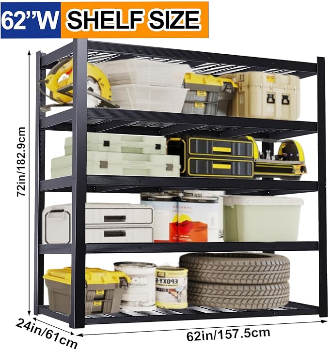 Heavy Duty Storage Shelves 62" W, Metal Shelving Rack, Garage Storage Shelf, Black Adjustable Shelving Unit for Garage, Basement, Warehouse, Workshop 3050 lbs,62" W x 24" D x72 H