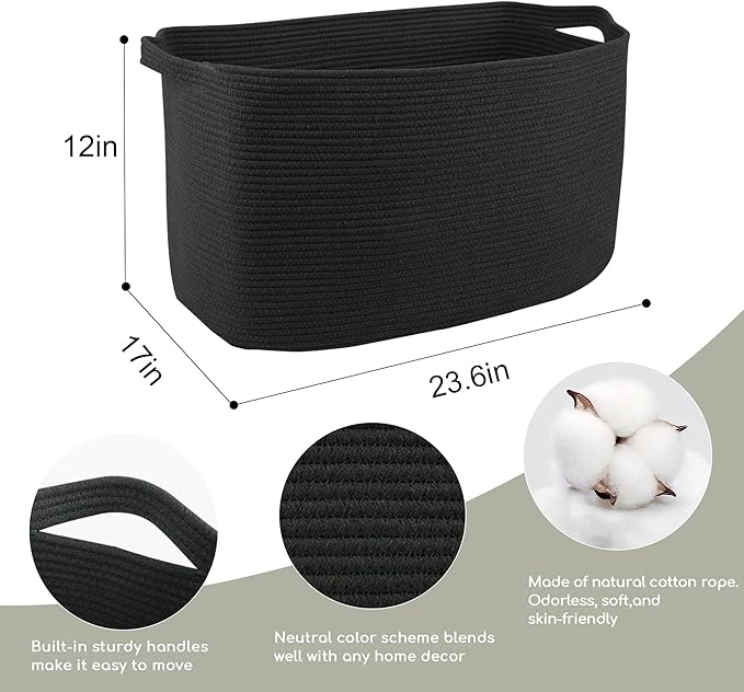 MEGASKET Extra Large Basket for Blankets, 23.6" x 17" x 12" Black Blanket Storage for Living Room, Big Cotton Rope Pillow Holder, Rectangle Kid Dog Toy Bin Box, Woven Laundry Basket, Shoe Bin Entryway
