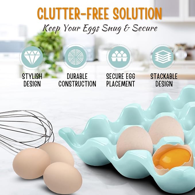 Flexzion 12 Cups Ceramic Egg Holder for Fridge - Dozen Ceramic Egg Tray Porcelain Container Storage Organizer Decorative Serving Stand Serveware for Refrigerator Countertop Display (Blue, 2 Pack)