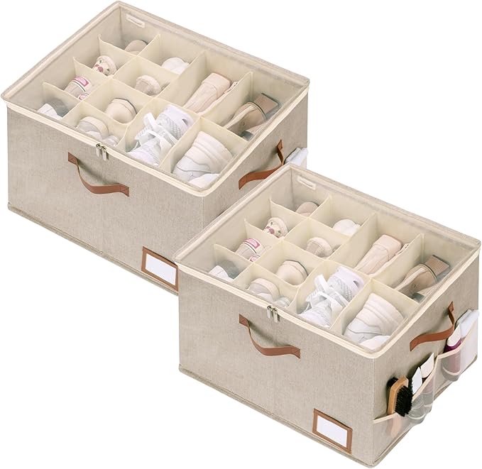 StorageWorks Shoe Organizer for Closet, 2 Pack Shoe Storage Boxes with Clear Lid, Stackable Shoe Storage Organizer for Sandals and Slippers, Fabric Shoe Bins for Closet, Holds 16–32 Pairs, Brown