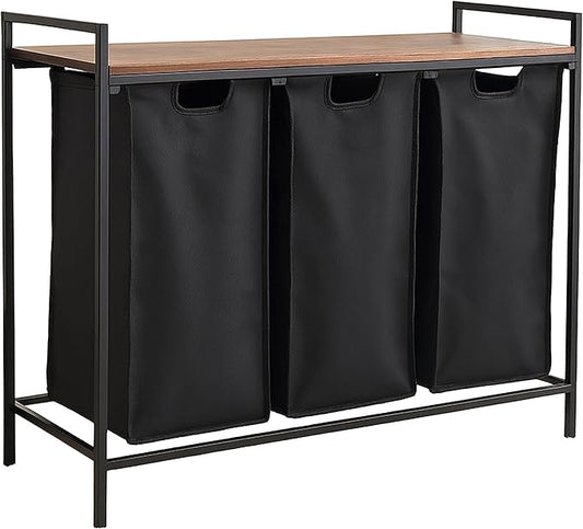 Relaxdays sorter with 3 Removable Laundry Bags, with Shelf, HWD 72x92.5x33 cm, Metal Basket, Brown/Black, Iron, Fibreboard, Polyester, 72 x 92.5 x 33 cm