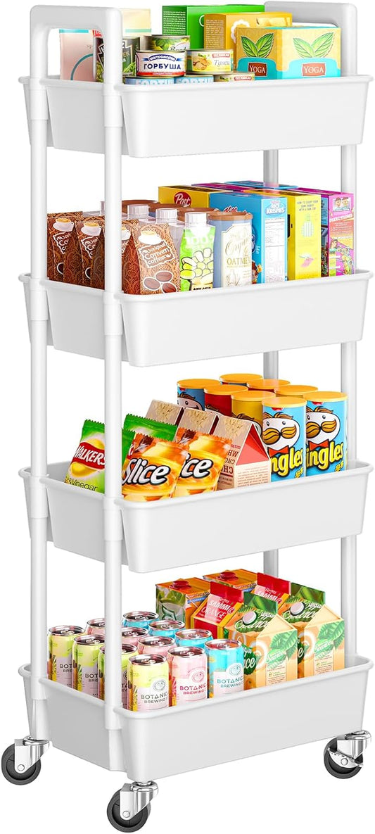 Pipishell 4 Tier Rolling Cart Organizer, Plastic Rolling Cart with Lockable Wheels & Reinforced Handle, Lightweight Utility Storage Cart for Nursery, Kitchen, Craft Room, White