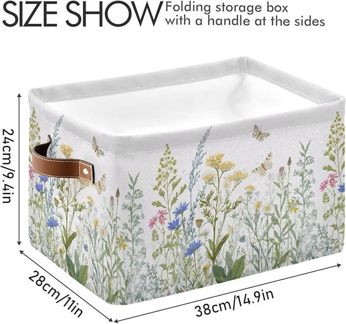 xigua Vintage Colorful Herbs Wild Flowers Floral Storage Basket Collapsible Toy Storage Bins Waterproof Canvas Storage Basket with Leather Handles for Home Closets Offices,Bedrooms,Kids Toy and Gift
