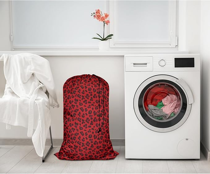 Swono Red Leopard Pattern Laundry Bag Large Heavy Duty Laundry Backpack with Adjustable Drawstring Closure Animal Print Panther Wildlife Laundry Hamper for Traveling Dirty Clothes Organizer