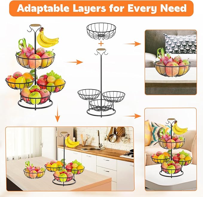 PouHenier.jh 4 Tier Fruit Bowl Basket with Banana Hangers, Kitchen Counter Metal Round Produce Holder, Stable Vegetable Countertop Stand Organizer, Corner Multi Tiered Storage Rack, Sturdy Base, Black