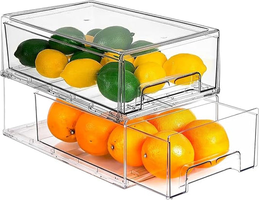 bealy 2 Pack Stackable Clear Storage Drawer,Clear Refrigerator Organizers and Storage Drawer, Pull Out Drawer for Fridge Kitchen Bathroom Cabinet Closet Organizer Pantry