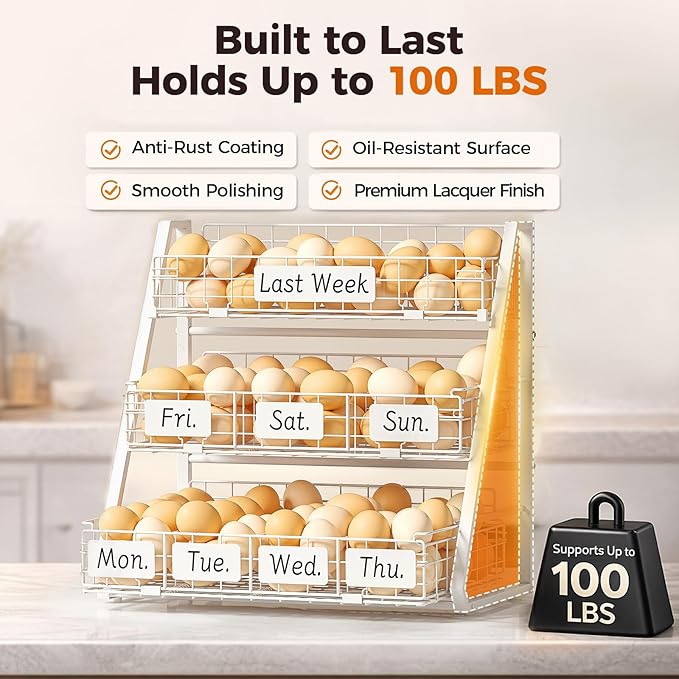 Sevenblue Upgraded Egg Holder Countertop with Removable 5 Dividers & Date Plate, 3 Tier Pull Out Large Egg Basket for Gathering Fresh Eggs, Kitchen Organizer, The Size - 16.7“x16.6”x11.3