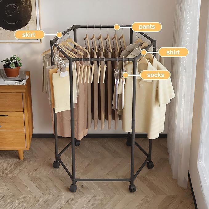 Clothes Rack with Wheels, Hexagonal Rolling Clothing Rack for Hanging Clothes, Clothes Drying Rack, Garment Storage for Bedroom, Laundry, Balcony (47" H)