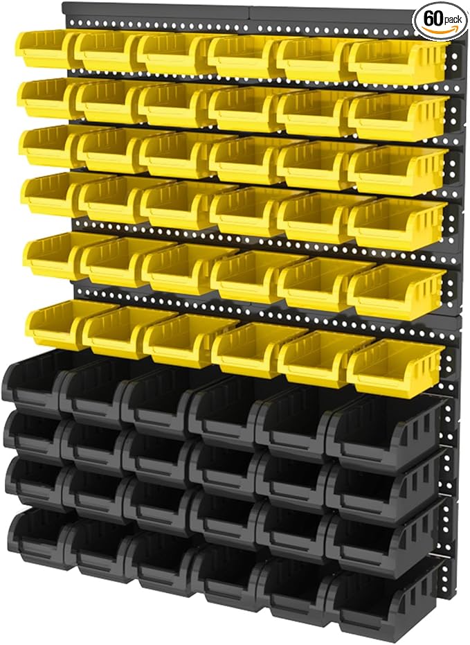 Wall Mounted Storage Bins, Nut and Bolt Organizer, Plastic Bolt Bin, Screw Organizer, Storage Bins for Garage (YELLOW+BLACK, LARGE(60PCS))