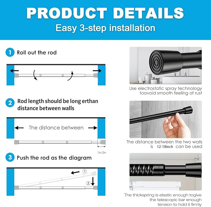 2 Pack Spring Tension Rods 12-18 Inches, 5/8 Inch Diameter Black No Drill Spring Loaded Adjustable Extendable, Small Short Tension Curtain Rod for Windows Kitchen Doorway Closet Cupboard
