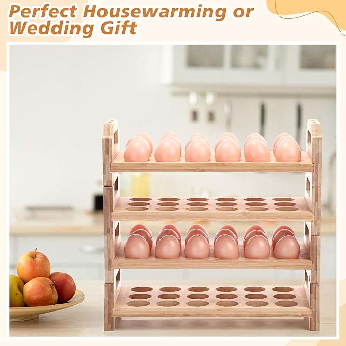 Reallnaive 4 Tier Wooden Egg Holder for Countertop, Bamboo Stackable Fresh Eggs Storage Farmhouse Collecting Rack for Gathering Kitchen Organizer or Easter Egg Display, Stackable with 72 Eggs(Wood)