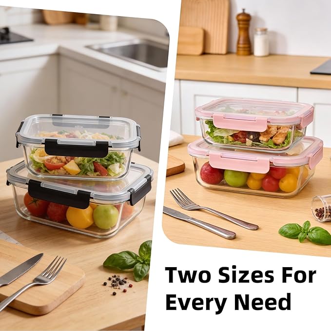 Konokyo Rectangular Glass Food Storage Containers with Lids, 12 Pack Airtight Leakproof Meal Prep Containers, BPA-Free, Microwave Oven Freezer & Dishwasher Safe, Assorted Sizes
