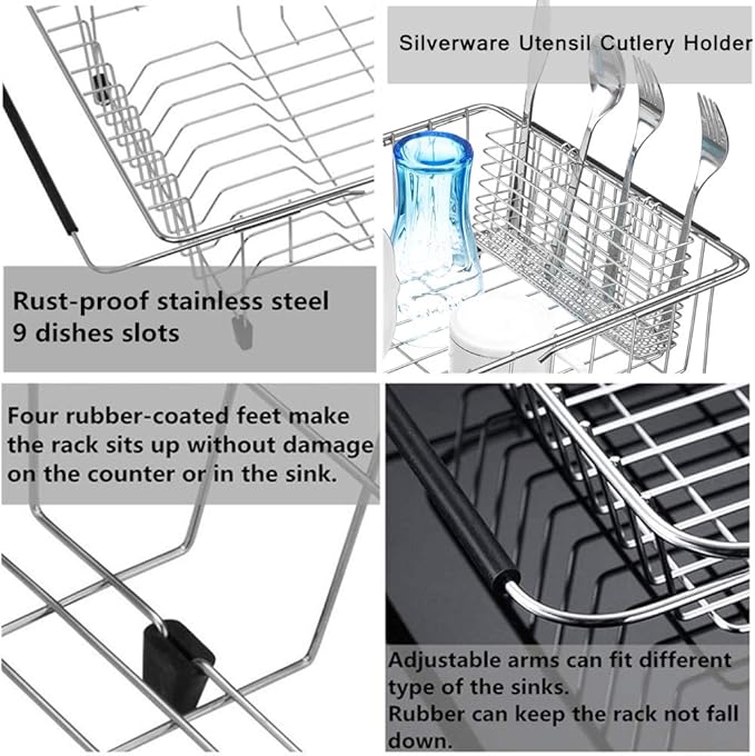 SANNO Large Expandable Dish Drying Rack Dish Rack Drainer with Stainless Steel Utensil Holder Over The Sink Dish Drainer Dish Rack in Sink On Counter