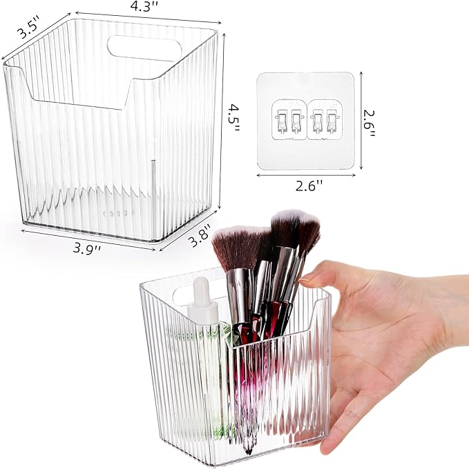 WRINGKIT 6 Pack Wall Mount Storage Bins, Plastic Clear Shower Basket Caddy with Self-Adhesive Hooks, Stackable Hanging Bin Basket Organizer Holder for Cabinet, Kitchen, Bathroom, Pantry, Under Sink