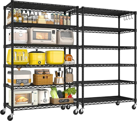 PrimeZone 6 Tier Wire Shelving with Wheels 79''H 1500lbs Storage Shelves NSF Certified Heavy Duty Steel Metal Shelf Adjustable Rolling Rack Kitchen Garage Closet Pantry Laundry 79''HX36''WX16''D 2Pcs