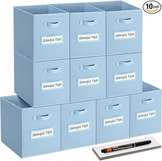artsdi 13x13x13 storage cube bins (Set of 10) Fabric storage cubes with 10 Labels Window Cards & a Pen, storage cubes 13x13, Collapsible 13 inch cube storage bins, Cubby Organizer Boxes, Pastel Blue