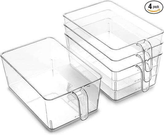 BINO l Plastic Storage Bins l THE HOLDER COLLECTION l 4-Pack, Large Multi-Use Clear Containers for Organizing with Built-in Handles l Pantry Organization & Storage l Kitchen Organizer l Storage Bins