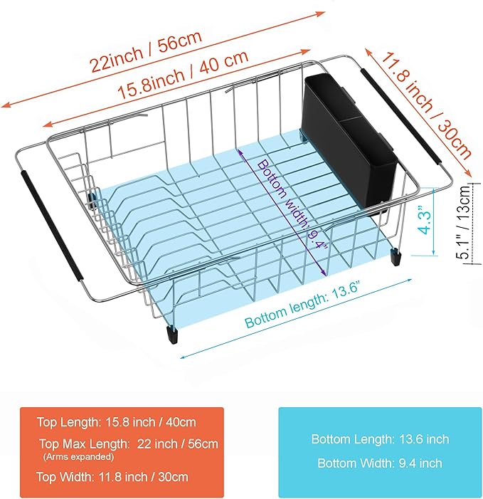 iPEGTOP Expandable Multifunctional Dish Drying Rack, Over The Sink, in Sink Or On Counter Dish Drainer Basket Shelf with Black Utensil Silverware Holder, Rustproof Stainless Organizer