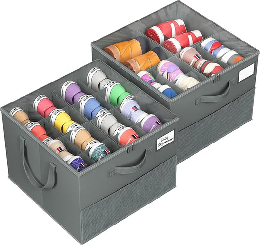 NestOrganix 2 Pack Shoe Organizer for Closet, Large Shoe Box Storage Containers, Foldable Shoe Storage Organizer Box Bin with Adjustable Dividers and Clear Cover, Space Saving Shoes Holder, Gray