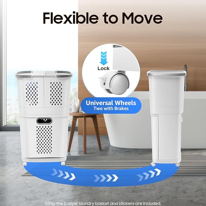 2-Layer Rolling Laundry Hamper, Wheeled Laundry Sorter Removable Laundry Basket, Thick Storage Rack Classification Compact 17x12in Tiered Hamper 4 Partitions for Dorms, Bathrooms