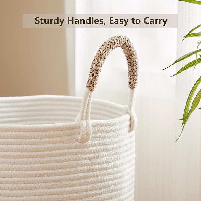 60L Laundry Hamper Basket Tall Woven Cotton Rope Clothes Hamper for Baby Girls Nursery Kids Blanket Basket in Living Room Bathroom Bedroom Brown 15Dx20H Inches Large
