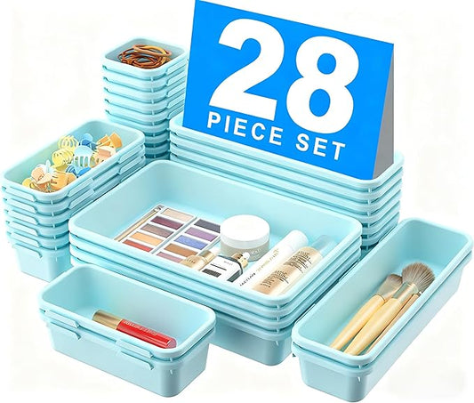 A-LuGei 【𝟮𝟴𝗣𝗖𝗦】 【𝟱𝗦𝗶𝘇𝗲】 BlueGreen Drawer Organizer, Makeup organizer, 【Holds 177 Items】 Bathroom Organizers and Storage, Plastic Desk Organizer Divider, Organizer Bins for Office Vanity