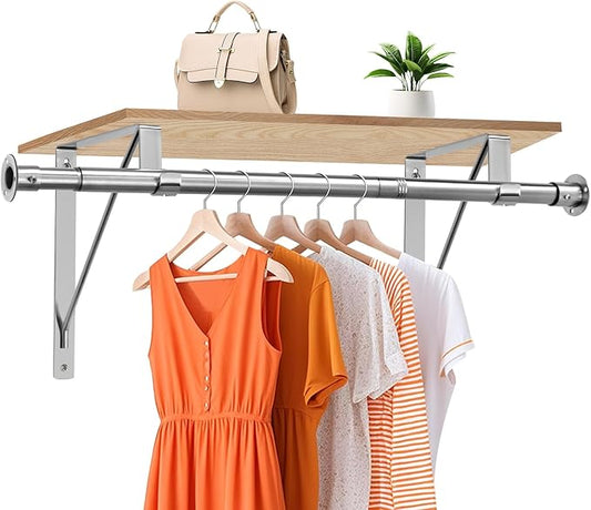 Closet Rod, 16 to 75 Inch Closet Rods Heavy Duty Adjustable Clothes Rods for Hanging Clothes and Heavy Duty Clothes Rod Bracket Closet Rod Support (The Shelf NOT Included) (Silver)