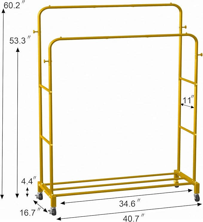 Sooyee Double Rod Clothing Rack with Wheels,3 Tier Garment Racks for Hanging Clothes,Portable Clothes Rack with 4 Hooks for Bedroom,Laundry Room,Gold