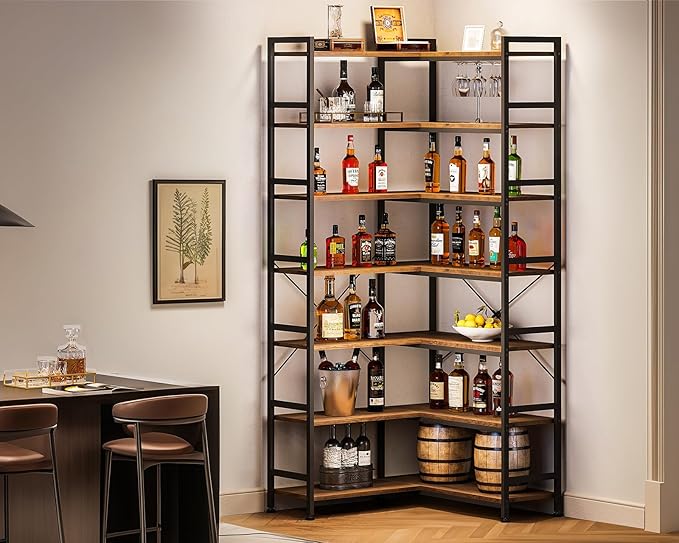 Casaottima Corner Bookshelf 7 Tier, 76 Inches Reversible Book Shelf for Living Room, Industrial Wooden Bookcase with Open Shelves and Metal Frame for Bedroom, Home Office, Kitchen, Vintage