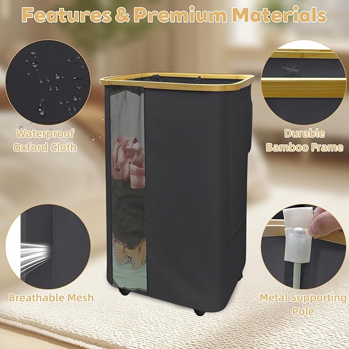 Rolling Laundry Hamper with Lid & Wheels, 110L Slim Double Black Laundry Hamper 2 Section, Narrow Large Laundrys Hampers with Removable Bags&Breathable Mesh, Dirty Clothes Hampers for Bedroom