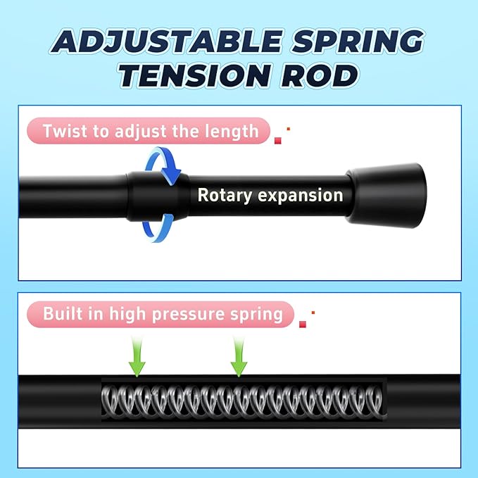 2 Pack Black Tension Rods, 53"-98" Adjustable Shower Curtain Rods, Heavy Duty No Drilling Rod, 11lbs Max Load, 1.2" End Cap, 19/22mm Tube, Metal, for Bathroom, Window, Bedroom, Doorway, Closet