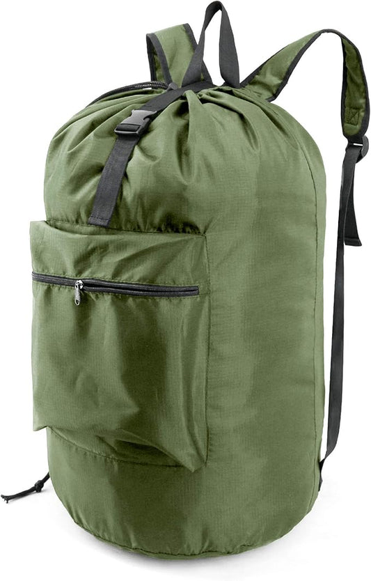 BeeGreen Moss Green Laundry Backpack Bag w Adjustable Shoulder Straps String Closure College Dorm Room Essentials Sturdy Laundry Hamper Portable w Handle XLarge Ripstop for Traveling
