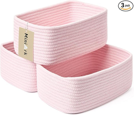 MiniArk Small Storage Baskets for Organizing | Closet Organizer Bins | Shelf Toy Basket | Woven Rope Baskets | Cube Decorative Box | Shallow Basket | 11.5x7.5x4.7” | 3 Packs Light Pink