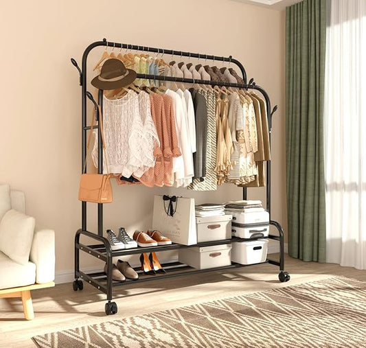 Antiwar Sturdy Metal Double Rodding Clothes Rack With Wheels, Portable Clothing Rack With Shelves & Hooks, Heavy Duty Garment Racks for Hanging Clothes, Multi-Functional Closet Rack for Bedroom, Black