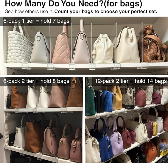 SortNStore Shelf Dividers Purse Organizer for Closet: 11-inch Tall(Extra Tall) Acrylic Sweater Organizer - Upgraded Extra Height for Large Handbags, Totes, Clothes, Towels on Wood Shelves 10-Pack