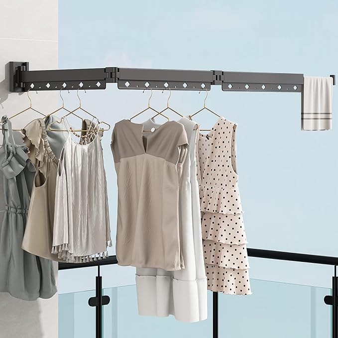 Wall Mounted Clothes Hanger Rack Folding Wall Mounted Clothes Hanger for Laundry (3-Fold Black)