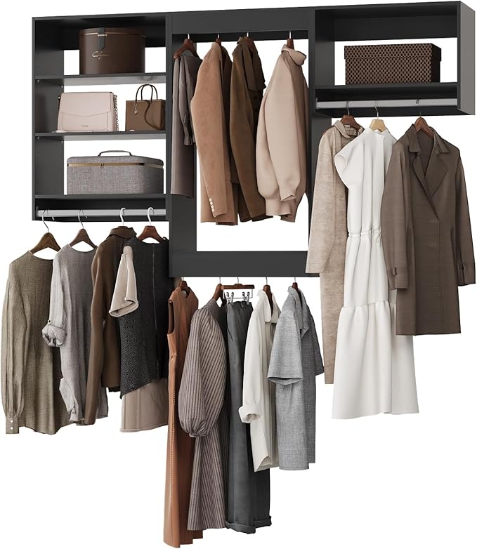 ROOMTEC Modular Closet System, 96" Closet Organizer with Hanging Rods, Wall-Mounted Wooden Tower for Walk-In Closets, Wardrobe Storage Kit, Black
