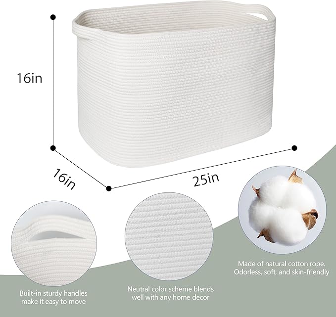 MEGASKET 108L Extra Large Storage Basket, 25" x 16" x 16" White Blanket Basket Living Room, Oversized Cotton Rope Blanket Storage, Woven Kids Dog Toy Bin Box Organizer, Laundry Shoes Towel Bin, White