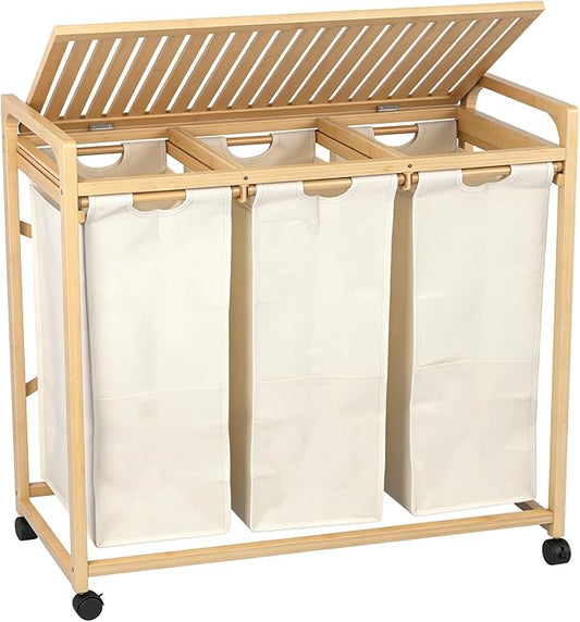 Bamboo Laundry Hamper 3 Section with Lid, 150L Laundry Sorter with Lockable Wheels, Pull-Out Removable Washable Bags, 3 × 12.5 Gal Divided Laundry Baskets for Laundry Room, Bathroom (Beige)