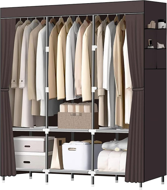 LOKEME Wardrobe Closet,Portable Closet for Bedroom Steel Pipe Diameter 19mm Strong and Sturdy Coffee Colored Portable Closets for Hanging Clothes with 3 Hanging rods, 6 Storage Shelves and Side Pocket
