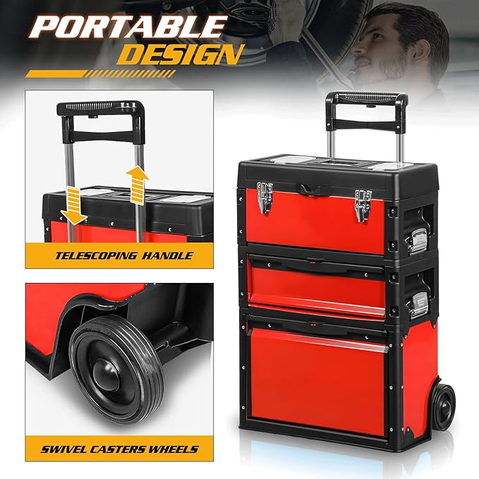 Magshion Heavy-Duty Rolling Tool Box, 3-Tier Stackable Tool Chest System with Wheels & Drawers, Modular Organizer for Small Parts and Tools, Mobile Garage Workshop Storage in Black/Red