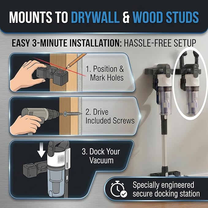 Wall Mount Storage Holder Organizer for Levoit LVAC-200 Cordless Vacuum,Space-Saving Accessory Docking Station Bracket for Extension Wand,Floor Brush&Crevice Tools,Stable&Compact,Easy Installation