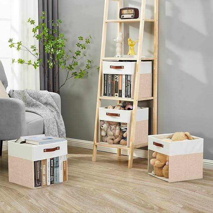 Bagnizer Storage Cubes, 4 Pack Linen Foldable Storage Bins with Clear Window and 2 Handles, 13x15x13 Storage Cube Bins for Shelf Closet, Kallax, Clothes, Books - (Beige and White)