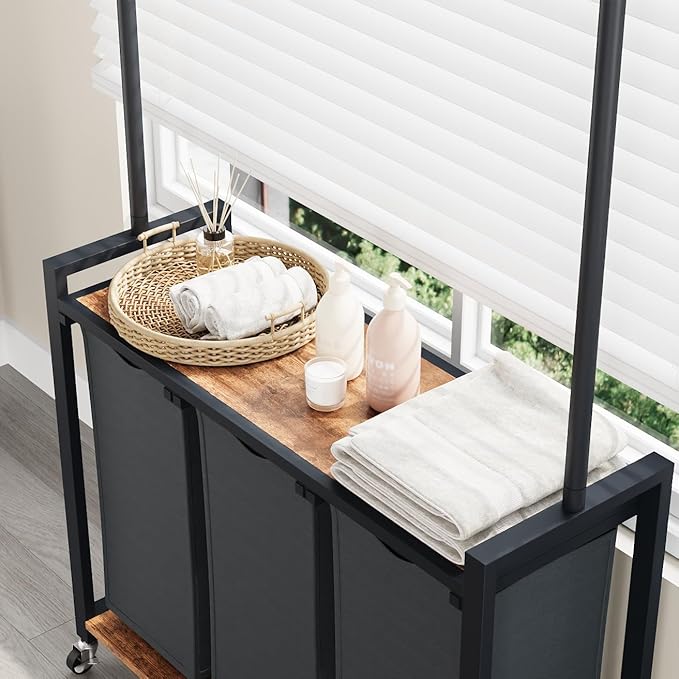 3-Section Laundry Sorter with Shelf, Rolling Laundry Basket with Hanging Rack and Wheels, Heavy Duty Laundry Hamper Rack for Laundry Room, Bedroom, Bathroom, Black