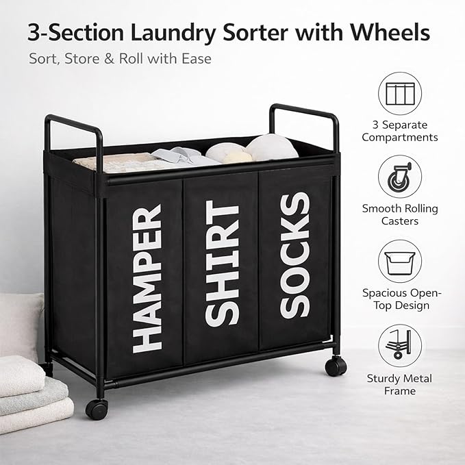 Rolling Laundry Hamper 3 Section with Wheels, Heavy Duty Metal Frame, Waterproof Polyester Fabric, Large Capacity Laundry Sorter for Easy Pre-Sorting and Effortless Transport
