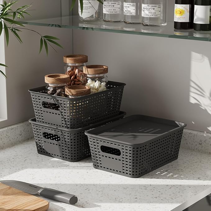 Resze 6-Pack Plastic Storage Bins with Lids, Stackable Organizer Baskets & Containers for Pantry, Kitchen, Cabinet, Closet, Bathroom Organization Toys, Space Saving, Easy-Carry Handles,Gray