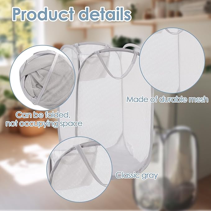 Foldable Pop Up Laundry Hamper – Set of 2 Collapsible Mesh Baskets with Handles for Kids, Baby, Dorm or Travel, Dual-Use Laundry Organizers for Clothes, Toys, Storage – Gray
