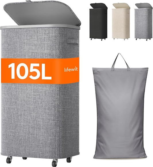 Lifewit 105L Plastic Laundry Basket with Lid, Large Clothes Hamper with Wheels and Removable Bag, Tall Collapsible Rolling Storage Bin for Dorm Bedroom Bathroom, Light Gray