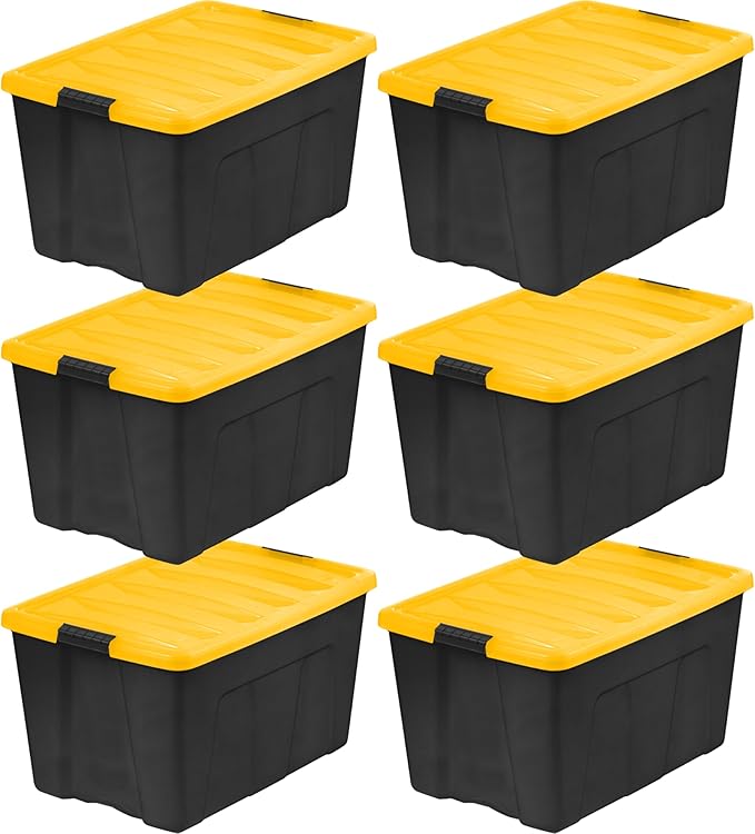 IRIS USA 72 Qt Stackable Plastic Storage Bins with Lids, 6 Pack - BPA-Free, Made in USA - Garage Organizing Solution, Latches, Durable Nestable Containers, Secure Pull Handle - Black/Yellow
