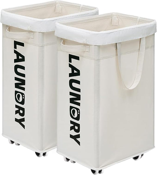 CHICVITA 2-Pack Laundry Baskets with Wheels and Handle,75L Collapsible Clothes Basket with Removable Wash Bags for Dorms and Corners, White Rolling Laundry Hamper